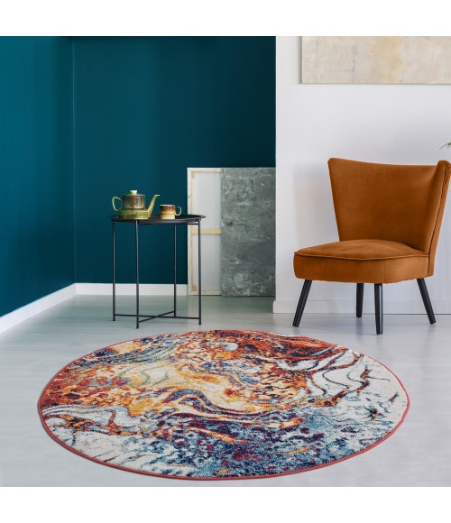 LR Home KISMET 81492 Ivory/ Turquoise 4'-4" X 4'-4" Round Rug