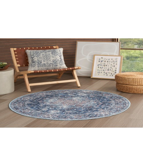 Nicole Curtis Machine Washable Series 1 Ivory Navy SR101 4 ft. Round Rug