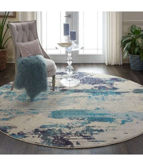 Nourison Celestial Round Area Rug CES02-Ivory/Teal Blue