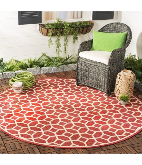 Safavieh Beach House BHS127 Red / Creme 6'-7" X 6'-7" Round Area Rug