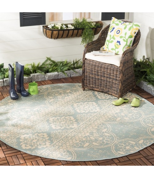 Safavieh Beach House BHS174 Cream / Aqua 8' X 8' Round Area Rug