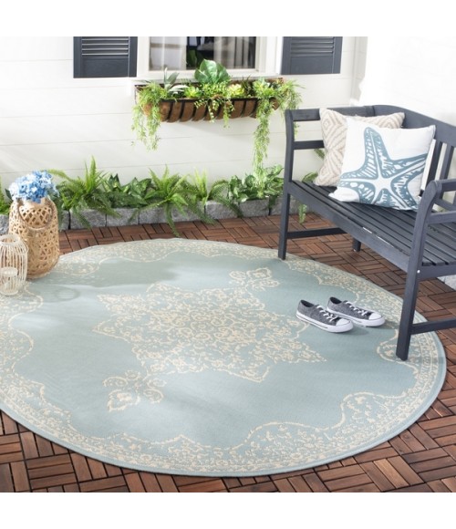 Safavieh Beach House BHS180 Cream / Aqua 4' X 4' Round Area Rug