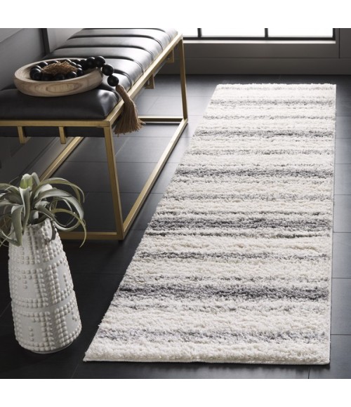 Safavieh Border & Stripe Shag BSP252 Ivory / Grey 2'-2" X 8' Runner Area Rug