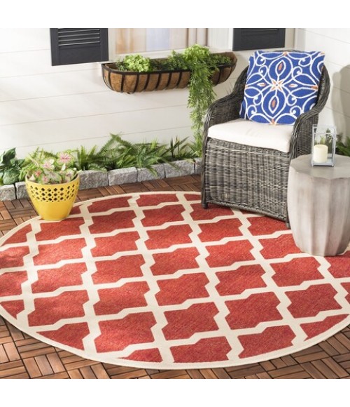 Safavieh Beach House BHS122 Red / Creme 6'-7" X 6'-7" Round Area Rug