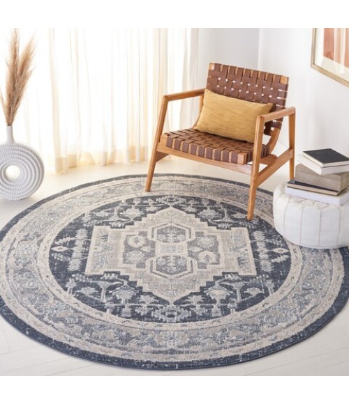 Safavieh Blair Washable BLR210 Beige / Navy 6'-7" X 6'-7" Round Area Rug