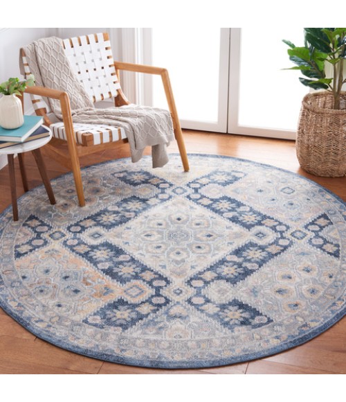 Safavieh Blair Washable BLR220 Grey / Navy 6'-7" X 6'-7" Round Area Rug