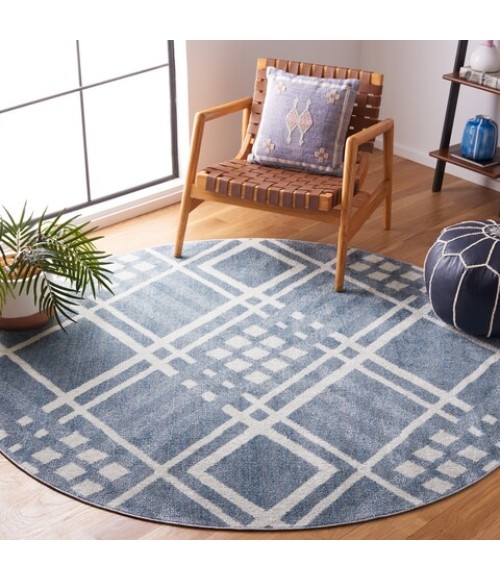Safavieh Blair Washable BLR228 Blue / Ivory 6'-7" X 6'-7" Round Area Rug