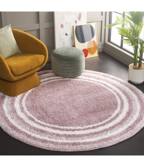 Safavieh Border & Stripe Shag BSP251 Pink / Ivory 6'-7" X 6'-7" Round Area Rug