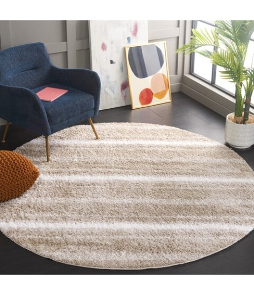 Safavieh Border & Stripe Shag BSP252 Beige / Ivory 6'-7" X 6'-7" Round Area Rug
