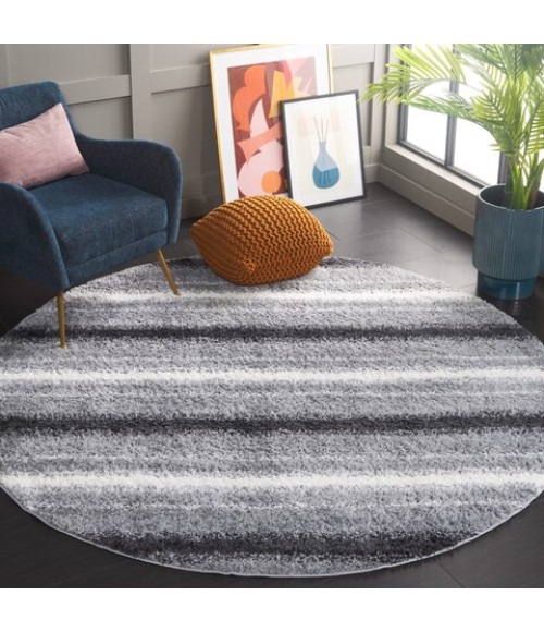 Safavieh Border & Stripe Shag BSP252 Grey / Black 6'-7" X 6'-7" Round Area Rug