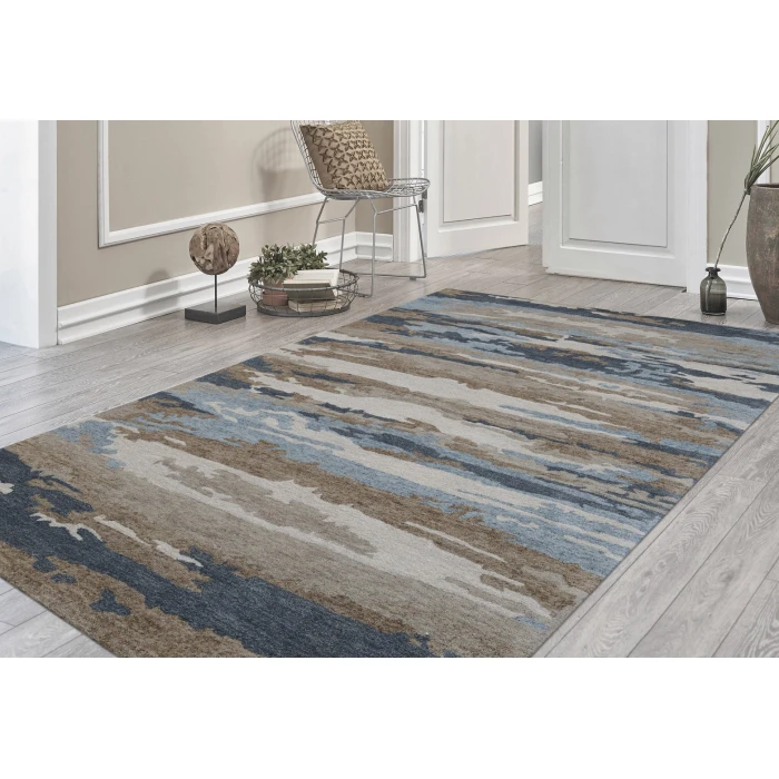 Amer Abstract Gunter Tan/Blue Hand-tufted Wool Blend Area Rug 5'x8'