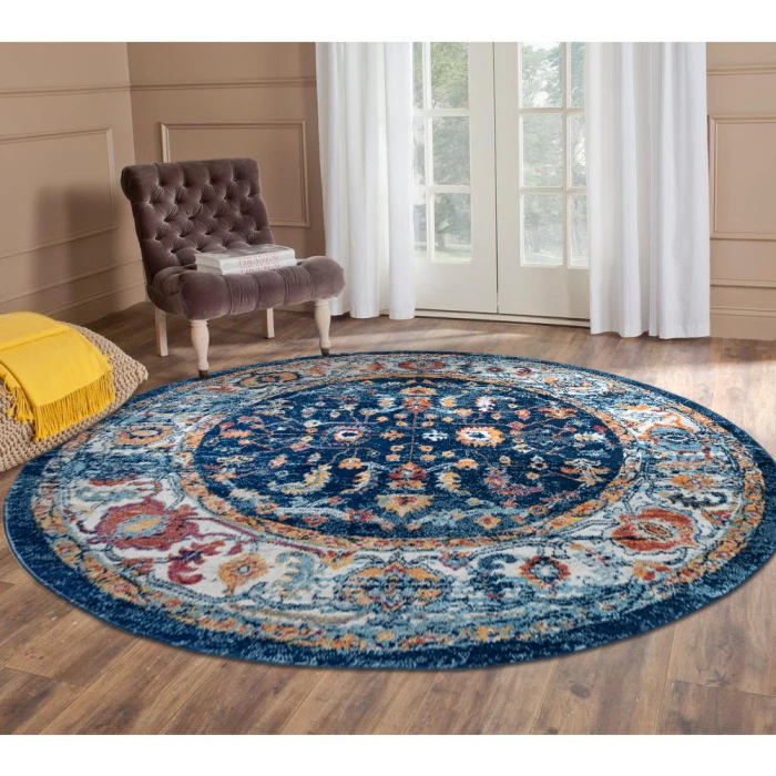 Amer Alexandria Cochise Blue Bordered Round Rug 6'7"x6'7"