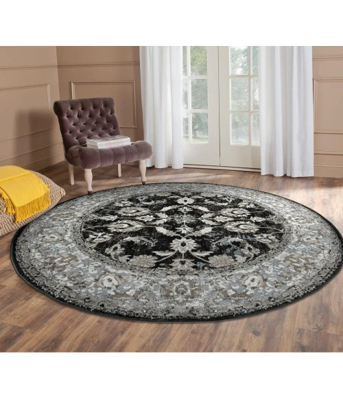 Amer Alexandria Cheally Black Bordered Round Rug 6'7"x6'7"