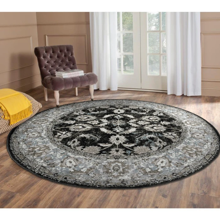 Amer Alexandria Cheally Black Bordered Round Rug 6'7"x6'7"
