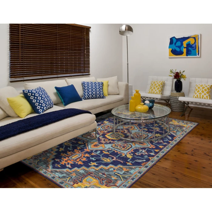 Amer Boho Evreux Blue/Orange Hand-Tufted Wool Area Rug 7'6"x9'6"