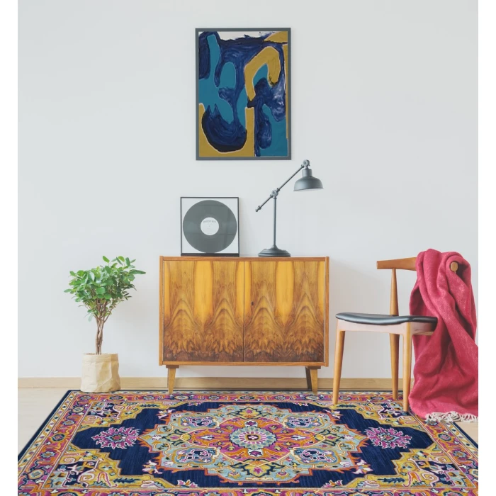 Amer Boho Roanne Navy/Pink Hand-Tufted Wool Area Rug 5'x8'