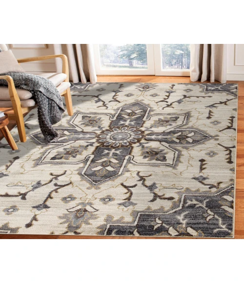Jordan Eva Ivory/Blue Traditional Medallion Area Rug