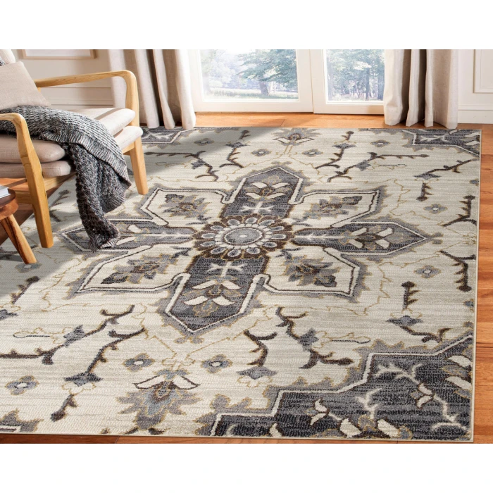 Jordan Eva Ivory/Blue Traditional Medallion Area Rug
