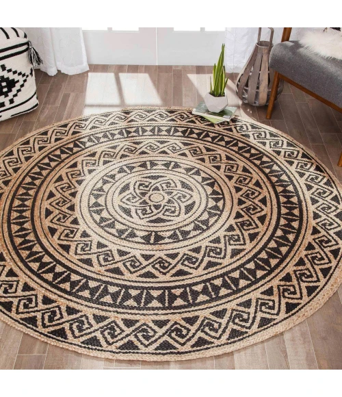 Anji Mountain 4' Round Shanti Black & Tan Jute Rug
