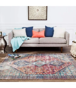Anji Mountain Anji Mountain 8' Round Lenjan Blue Red Tri-Diamonde Medallion Jute/Chenille Rug
