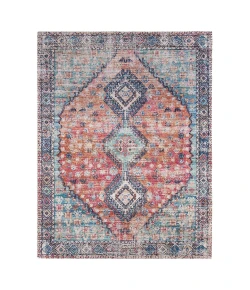 Anji Mountain Anji Mountain 8' Round Lenjan Blue Red Tri-Diamonde Medallion Jute/Chenille Rug