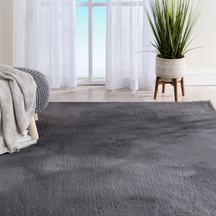 Central Oriental Avid Faux Fur Grey Solid 9ft. x 12ft. Rect. Rug