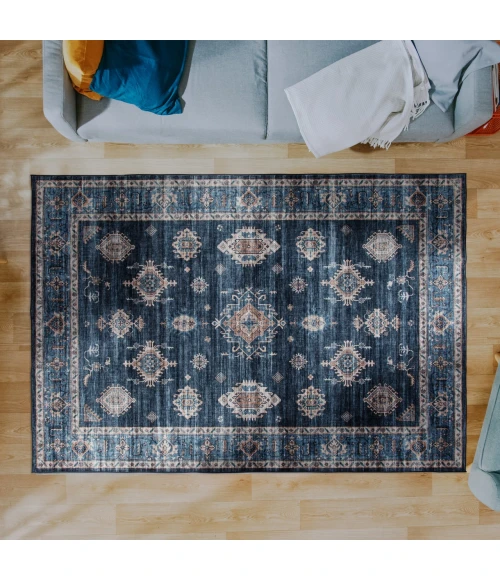 Central Oriental Rugese - Velveteen Washable Navy/Light Blue Oriental 5ft. x 7ft. Rect. Rug
