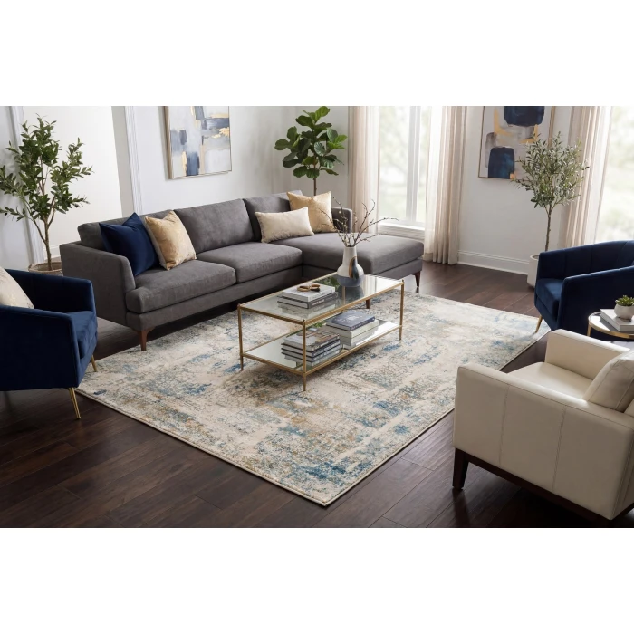 Dynamic Rugs QUARTZ Ivory/Blue 27050 2ft. 2in. x 7ft. 7in. Rect. Rug