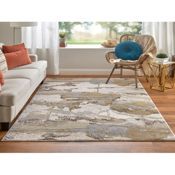 Feizy Aura Casual Watercolor, Gray/Ivory/Gold, 3'-11" x 6' Accent Rug