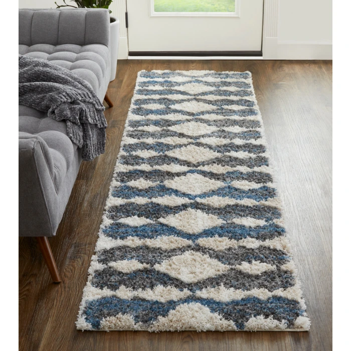 Feizy Mynka Bohemian & Eclectic Diamond, Ivory/Gray/Blue, 2'-6" x 8' Runner