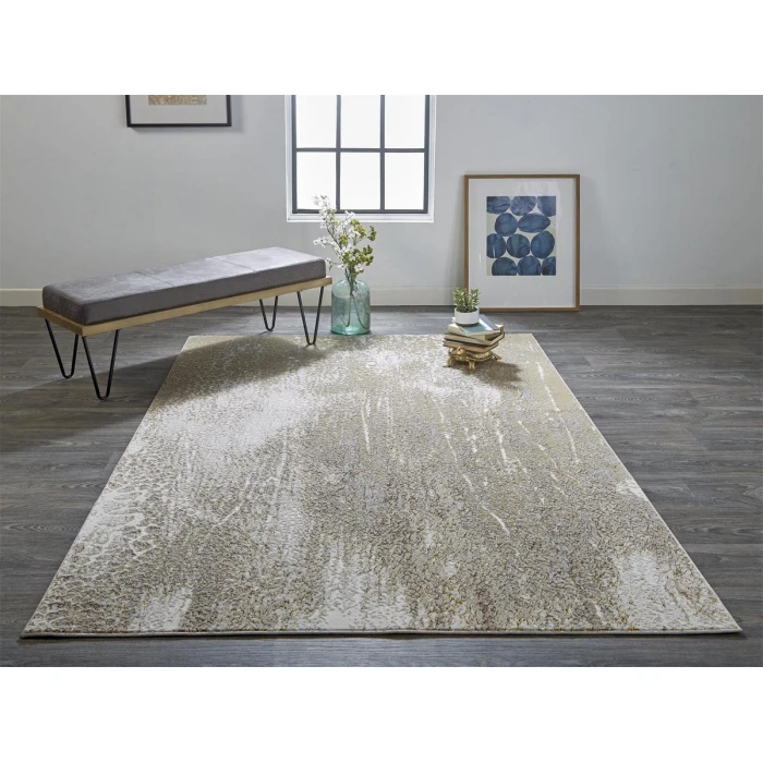 Feizy Aura Industrial Abstract, Ivory/Gray/Gold, 8' x 10' Area Rug