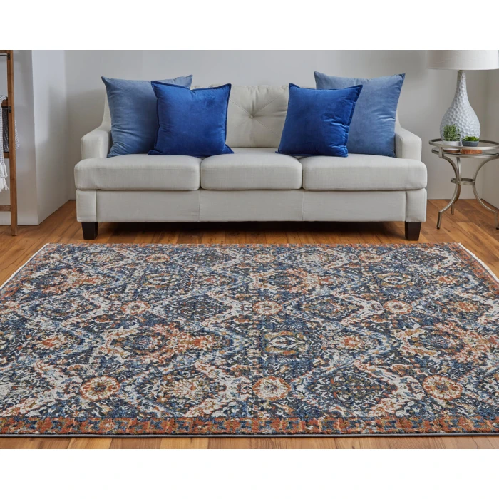 Feizy Kaia Casual Floral & Botanical, Blue/Orange/Ivory, 2'-6" x 12' Runner