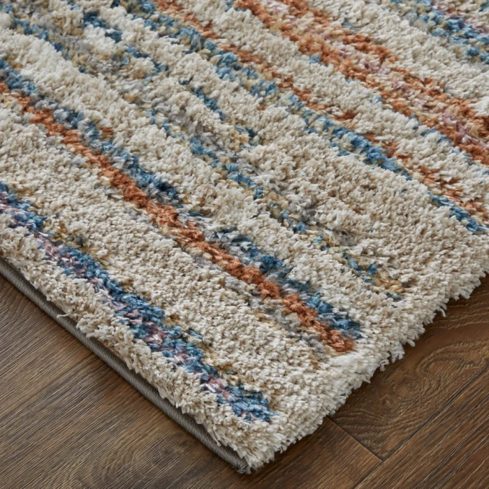 Feizy Mynka Casual Stripes, Ivory/Blue/Orange, 7'-11" x 10' Area Rug