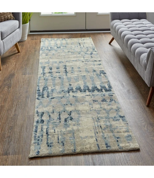 Feizy Palomar Hand-Knot Abstract Area Rug, Light Beige/Denim Blue, 2x6in x 8ft