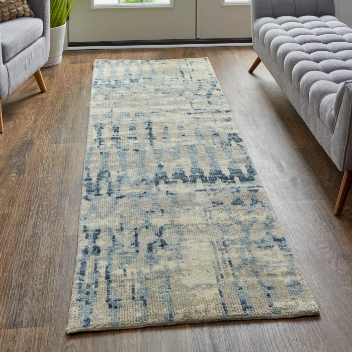 Feizy Palomar Hand-Knot Abstract Area Rug, Light Beige/Denim Blue, 2x6in x 8ft