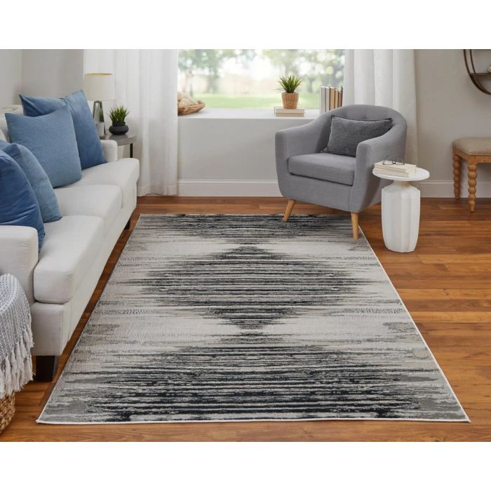 Feizy Micah Scandinavian Diamond, Black/Silver/Taupe, 3'-11" x 6' Accent Rug