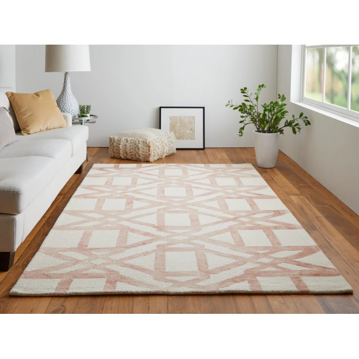 Feizy Lorrain Mid-Century Modern Geometric, Ivory/Pink/Tan, 9'-6" x 13'-6" Area Rug