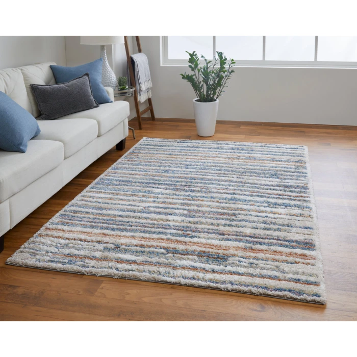 Feizy Mynka Casual Stripes, Ivory/Blue/Orange, 7'-11" x 10' Area Rug