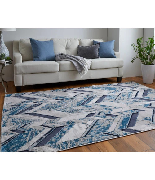 Feizy Indio Casual Herringbone, Ivory/Blue/Gray, 9'-2" x 12' Area Rug