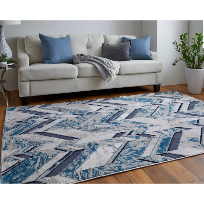 Feizy Indio Casual Herringbone, Ivory/Blue/Gray, 3'-11" x 6' Accent Rug
