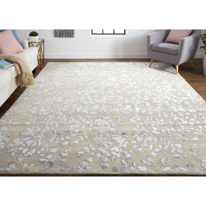 Feizy Bella High/Low Floral Wool Rug, Latte/Silver Gray, 2ft - 6in x 8ft, Runner