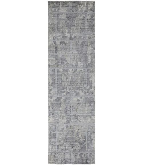 Feizy Elias Luxe Geometric Maze Runner, High/Low, Gray/Ivory/Blue, 2ft - 9in x 10ft