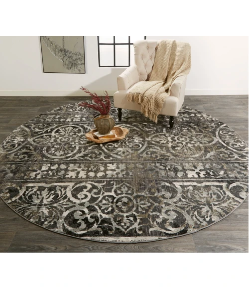 Feizy Kano Casual Distressed, Gray/Ivory/Taupe, 8'-9" x 8'-9" Round Rug