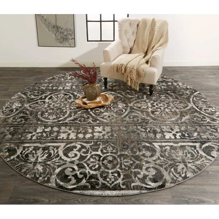 Feizy Kano Casual Distressed, Gray/Ivory/Taupe, 8'-9" x 8'-9" Round Rug