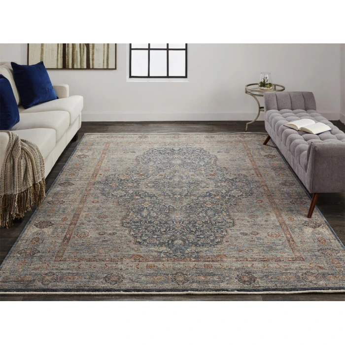 Feizy Marquette Rustic Persian Farmhouse Rug, Denim Blue/Rust, 2ft x 3ft Accent Rug