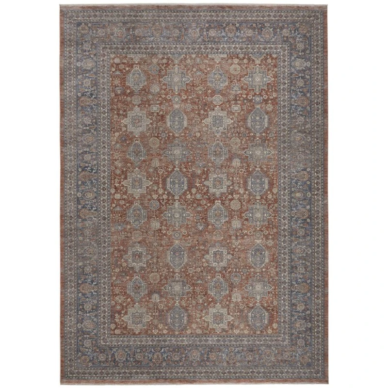 Feizy Marquette Rustic Persian Farmhouse Area Rug, Rust/Aegean Blue, 9ft-6in x 12ft-7in