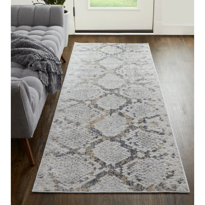 Feizy Laina Global Trellis & Lattice, Silver/Gray/Blue, 3' x 10' Runner