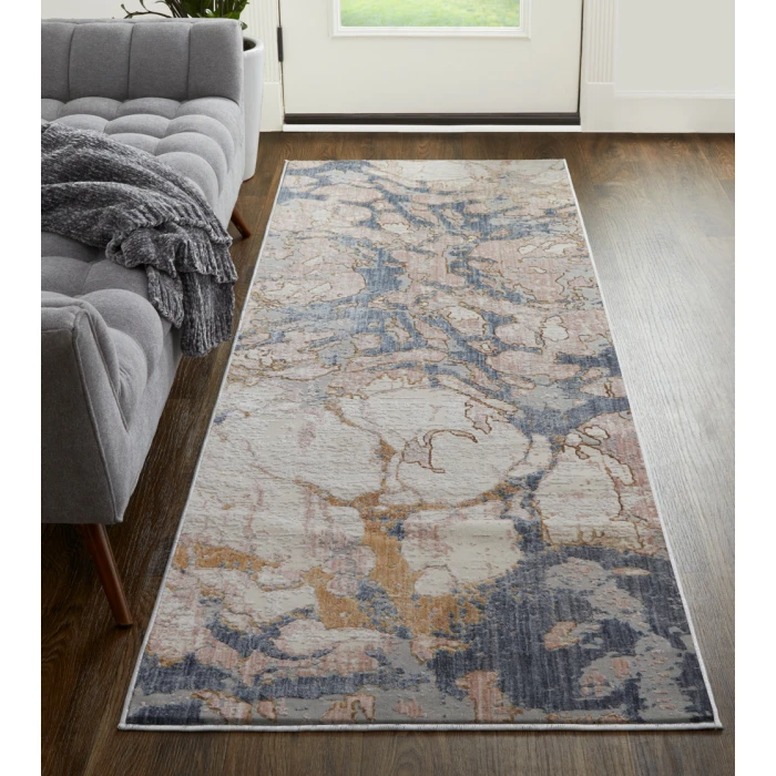 Feizy Laina Casual Abstract, Tan/Blue, 3' x 12' Runner