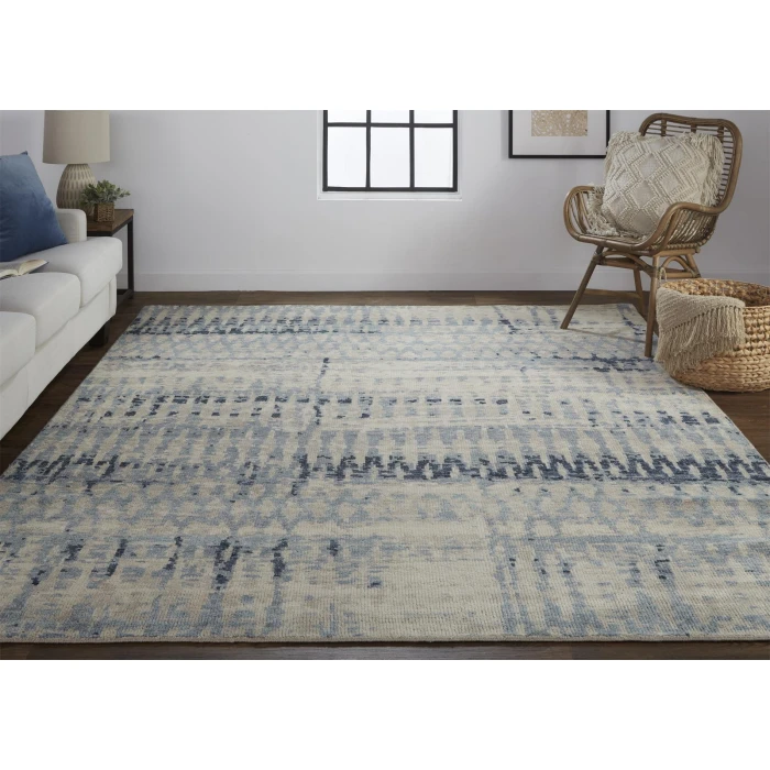 Feizy Palomar Hand-Knot Abstract Area Rug, Light Beige/Denim Blue, 5x6in x 8x6in
