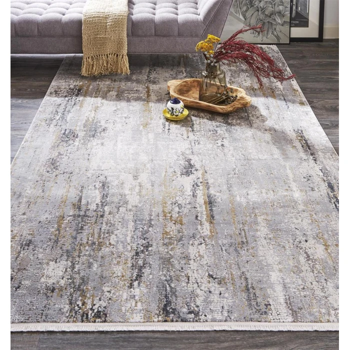 Feizy Cadiz Casual Abstract, Ivory/Gray/Gold, 9'-9" x 13'-2" Area Rug